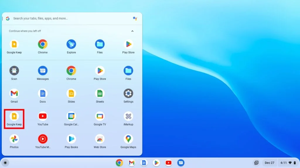 Showing you Google Keep on Chromebook App Launcher