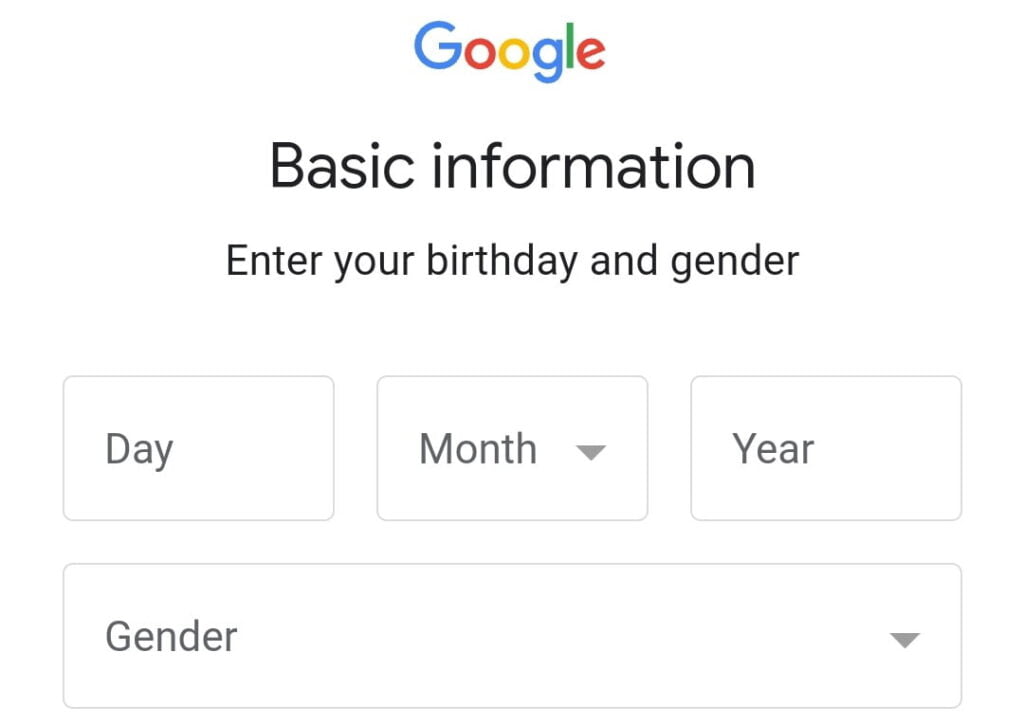 Enter your Birthday and Gender on the Google Account Creation Form