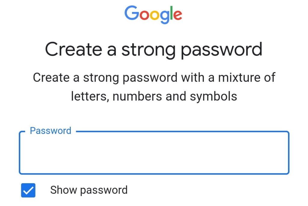 Google Password Creation Page