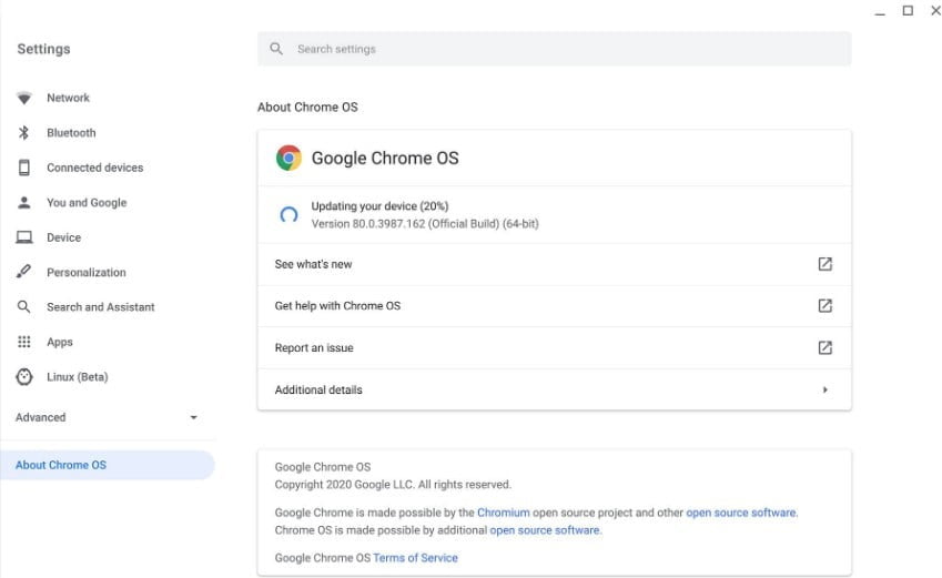 Settings Page to Update the Chrome OS