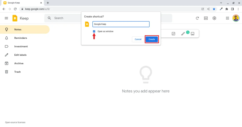 Screenshot Showing you to Install Google Keep Shortcut on Chromebook