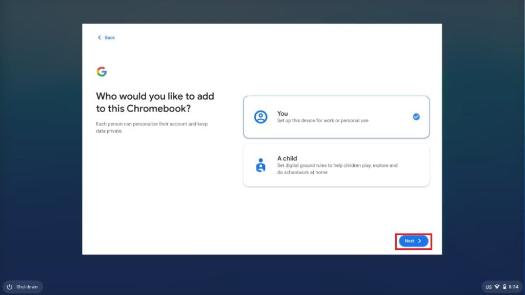 Chromebook Screen Showing an Option to Choose User Account Type 