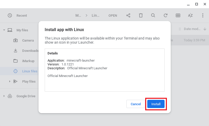 Pop-up Windows with Install App with Linux message and Install button