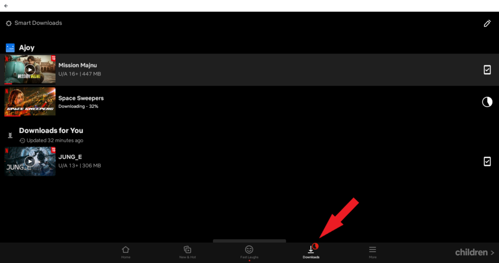 Arrow Pointing to Download Icon to Watch Netflix Offline on Chromebook
