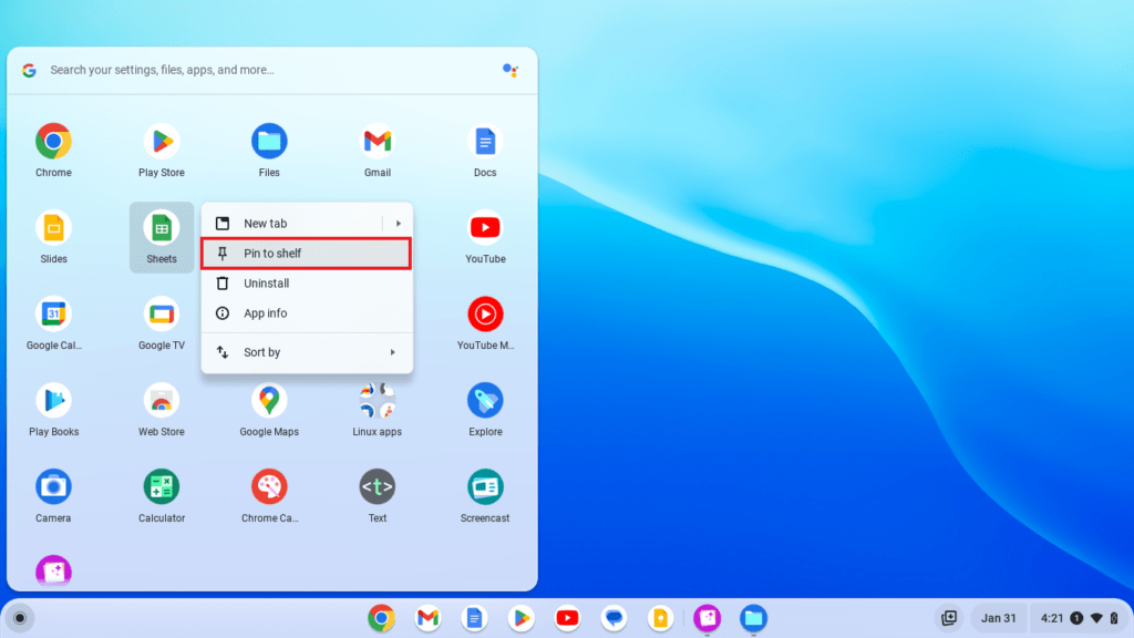 Chromebook App Drawer With Highlighted Pin to Shelf Option