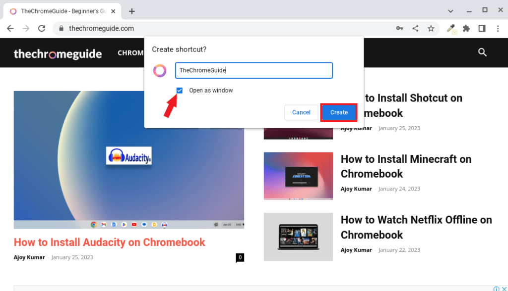 Screenshot Showing you to Name your Shortcut on Chrome