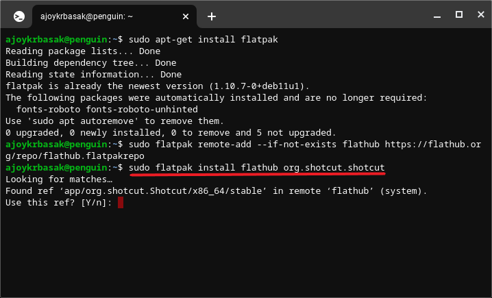 Terminal Command to Install Shotcut Linux App on Chromebook 