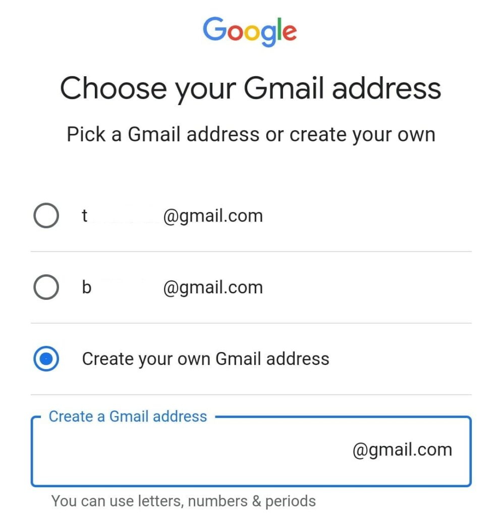 Screen Showing you to Pick a Gmail Address
