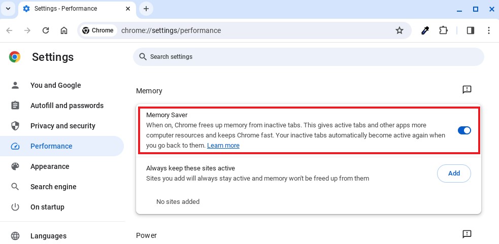 Memory Saver Option in Chrome